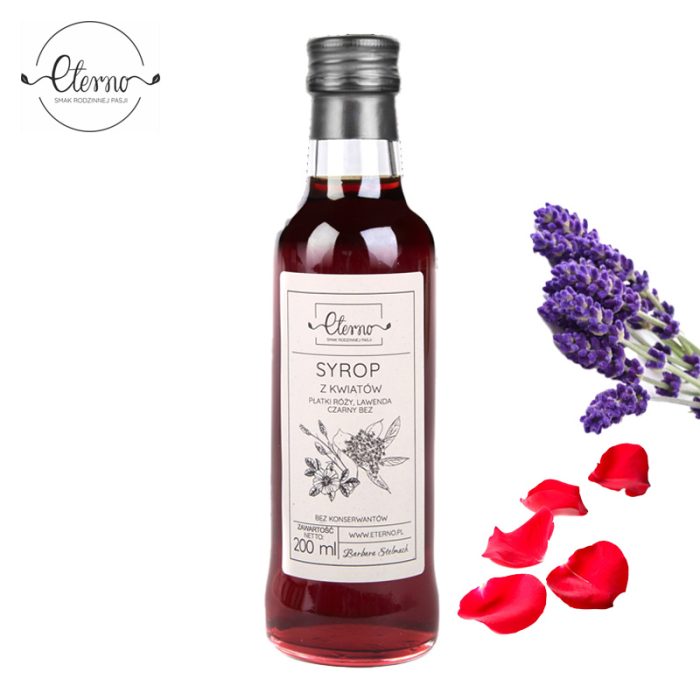 Syrop z Kwiatów Płatki róży lawenda, Czarny Bez Eterno 200 ml BEZ Chemii