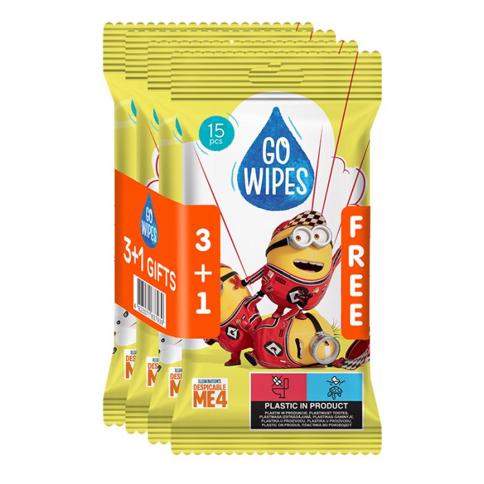 Zestaw Wilgotne Chusteczki Antybakteryjne GoWipes Minionki 15 szt 3+1Gratis