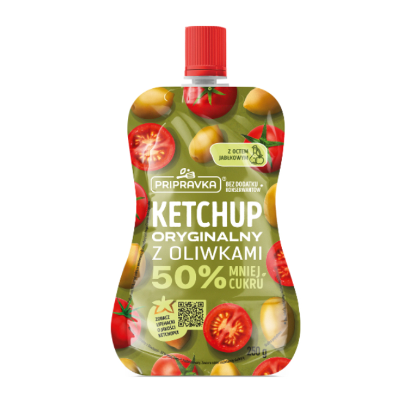 ket oliw Ketchup Łagodny z oliwkami 50% mniej cukru "Pripravka" 250 g - obrazek 1