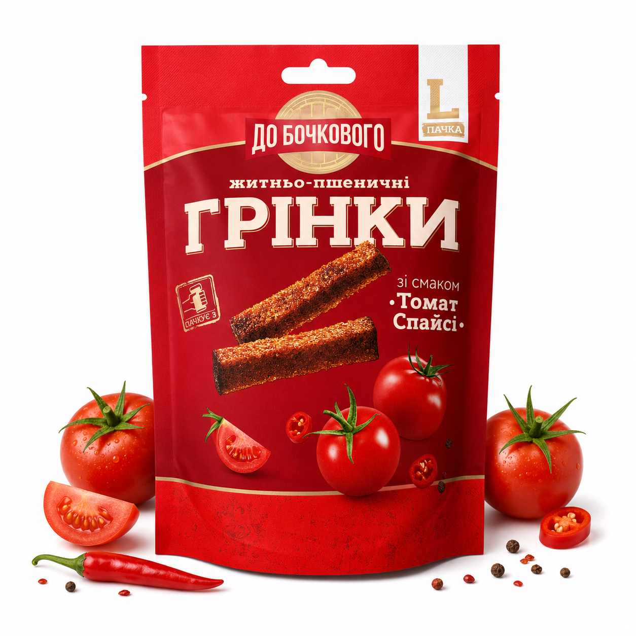 Grzanki Flint Do beczkowego o smaku tomato spicy 130g Grzanki Flint żytnie o smaku cielęciny z adżyką "Do Beczkowego" 120 g - obrazek 1