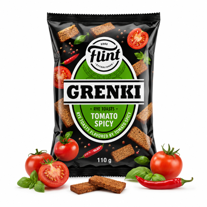 Grzanki Flint o smaku _Tomato Spicy_ 110g Grzanki żytnio-pszenne o smaku Tomato spicy Flint 110g - obrazek 1