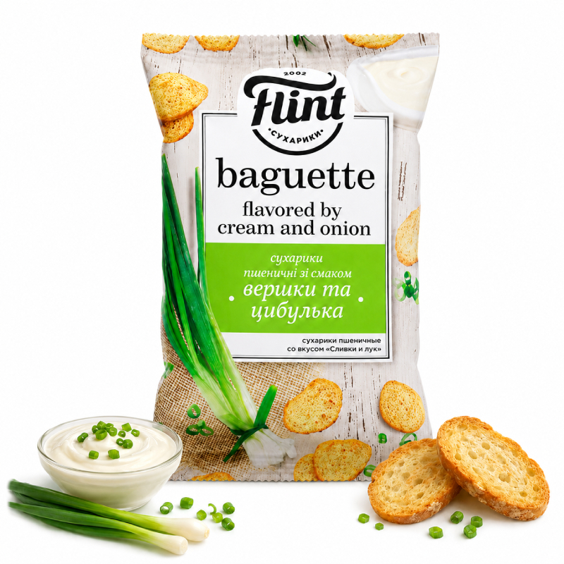 Sucharki Flint Baguette o smaku śmietanki i cebulki 60g Sucharki Flint Baguette o smaku śmietanki i cebulki 60g - obrazek 1