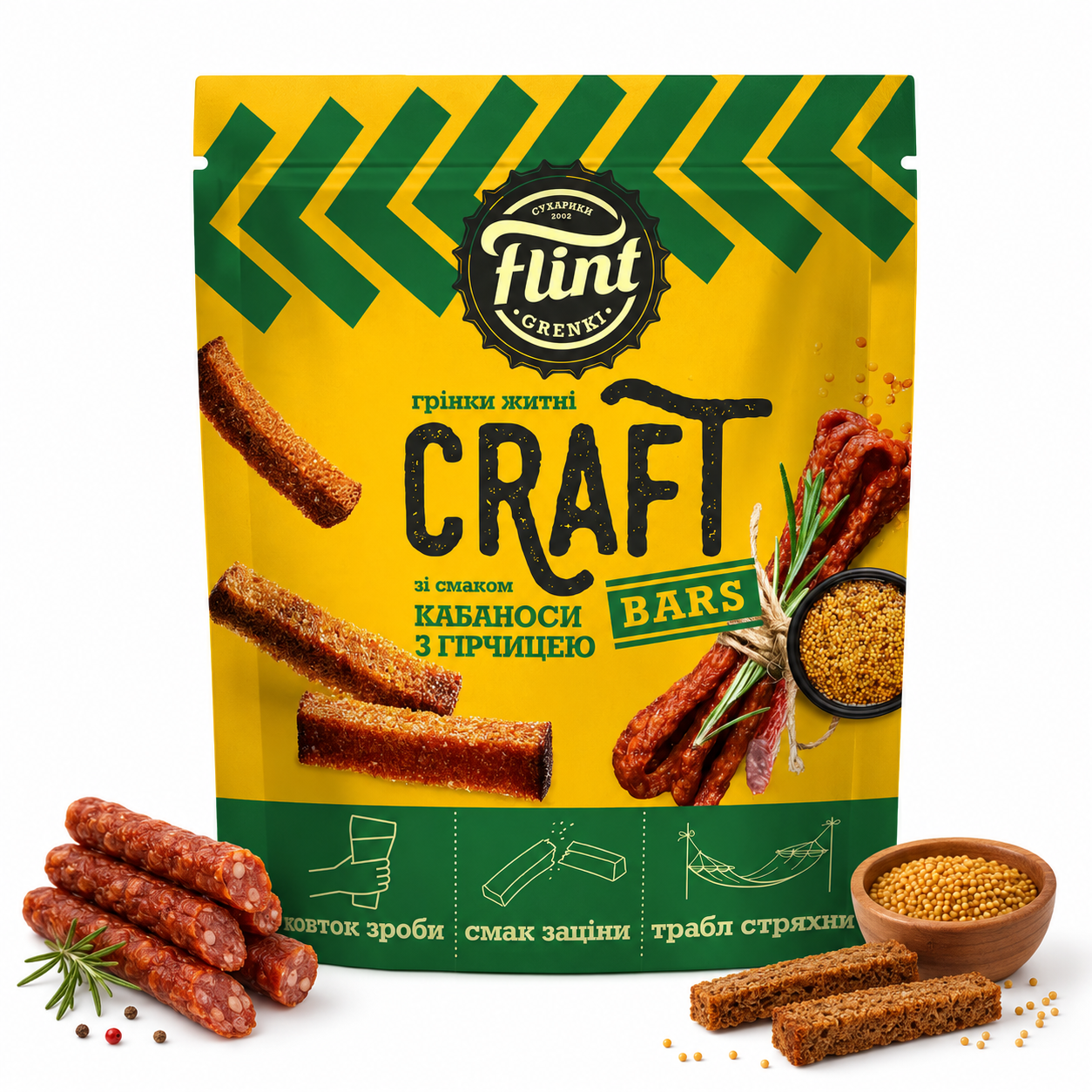 Sucharki Flint Grzanki Kraft o smaku kabanosu z musztardą 90g Sucharki Flint "Grzanki Kraft" o smaku kabanosu z musztardą 80g - obrazek 1
