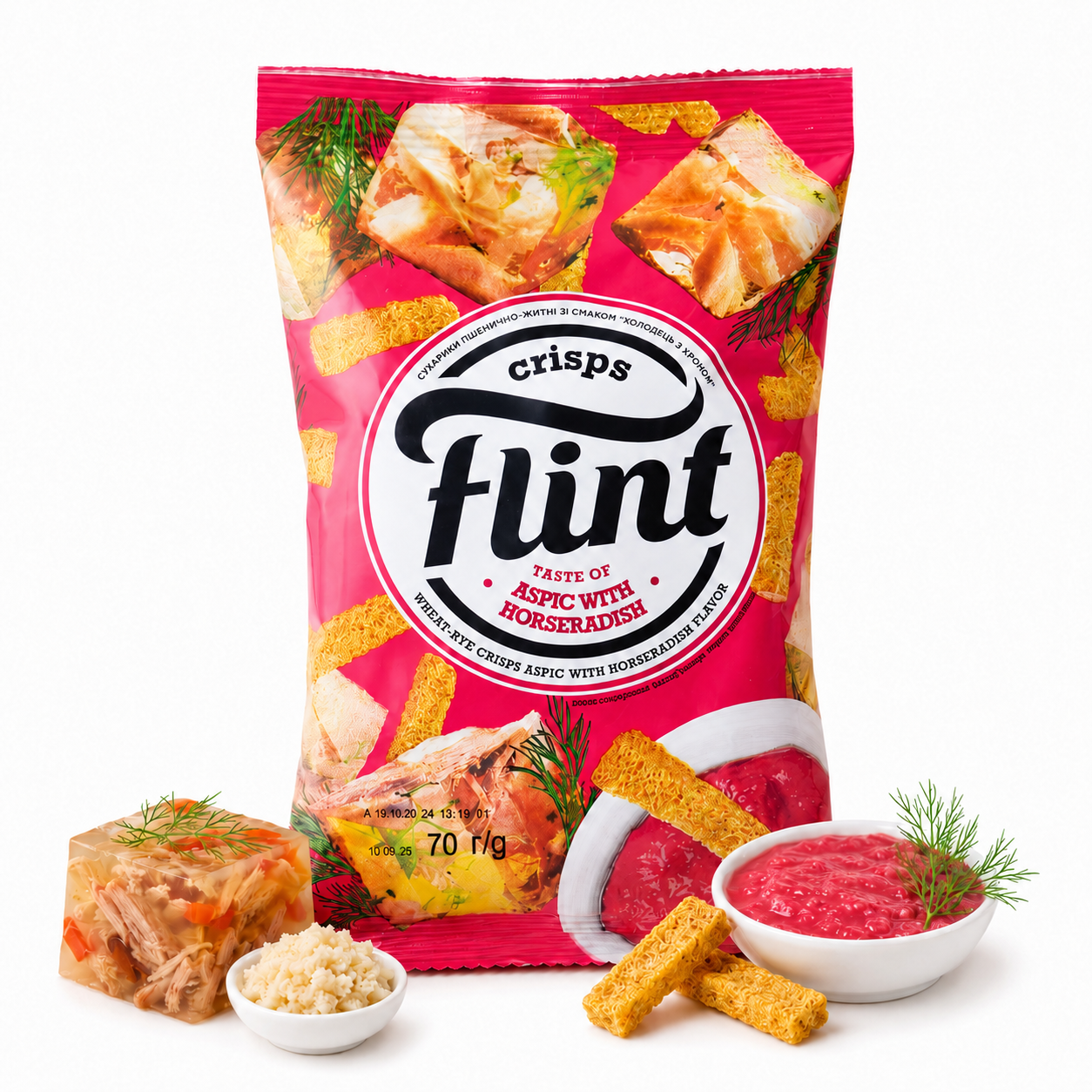 Sucharki Flint o smaku galaretki z chrzanem 70g Sucharki Flint pszenno-żytnie o smaku galaretki z chrzanem 70 g - obrazek 1